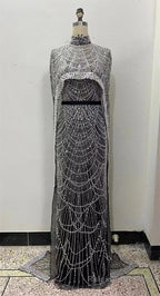 Luxury Pearls Beading Prom Dresses Sweep Train High Neck Zipper Sleeveless Evening Dresses