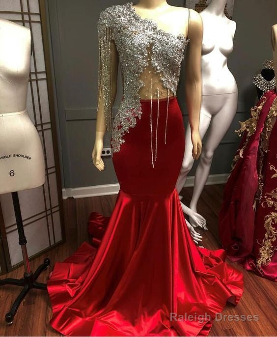 Luxury Red Satin Prom Dress With Crystal Beaded One Shoulder Mermaid Prom Dresses