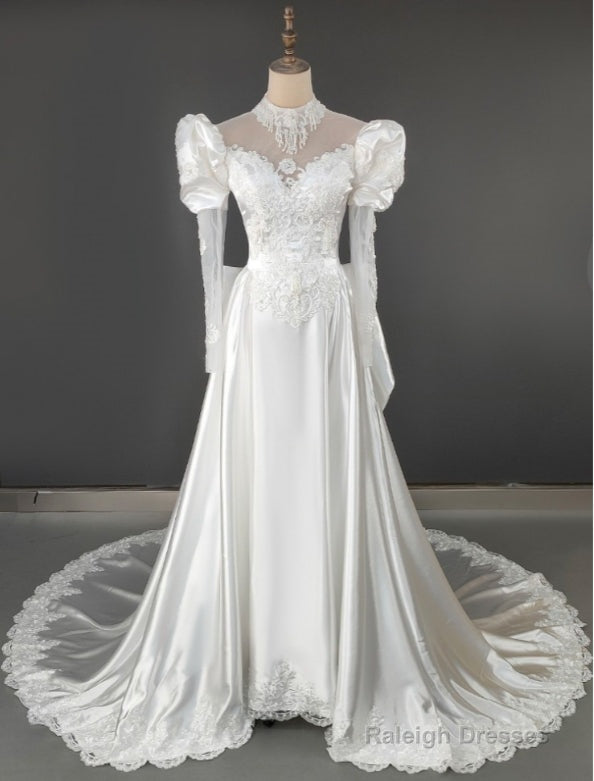 Luxury Retro Vintage Bubble Sleeved Long Train Satin Wedding Dresses