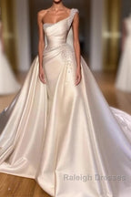 Luxury Satin Wedding Dress Beaded One Shoulder Bridal Dress With Panel Train Floor Length Elegant