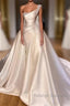Luxury Satin Wedding Dress Beaded One Shoulder Bridal Dress With Panel Train Floor Length Elegant