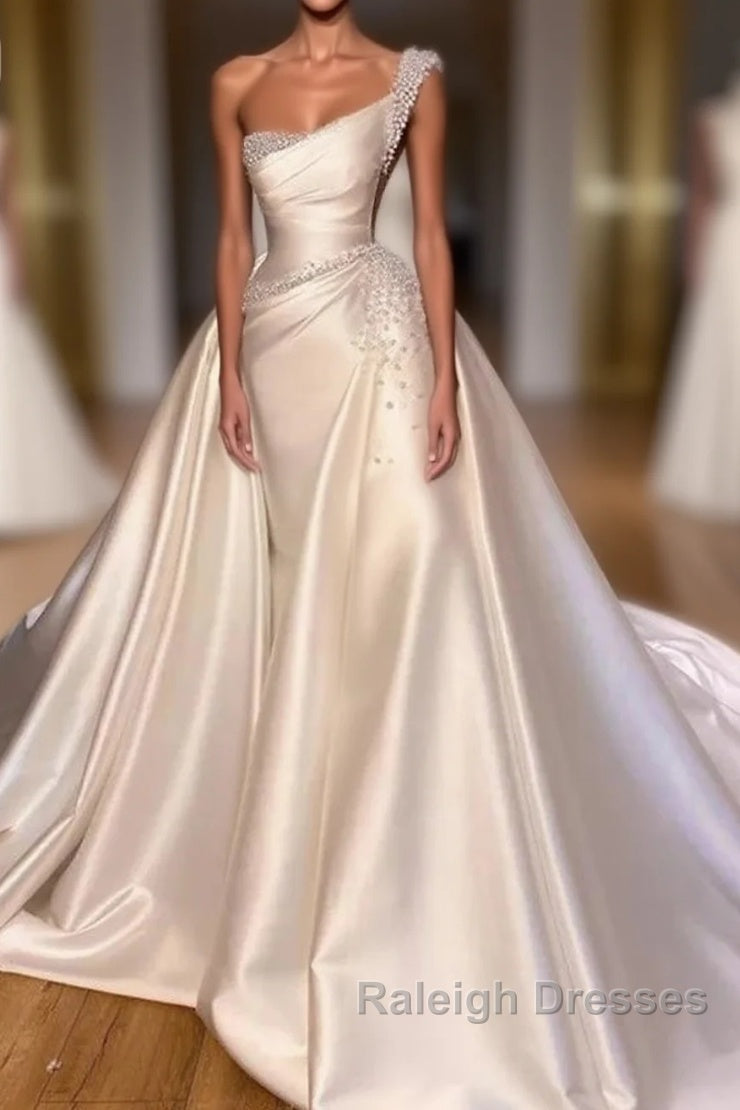 Luxury Satin Wedding Dresses Beaded One Shoulder Bridal Dresses With Panel Train Floor Length Elegant Main image
