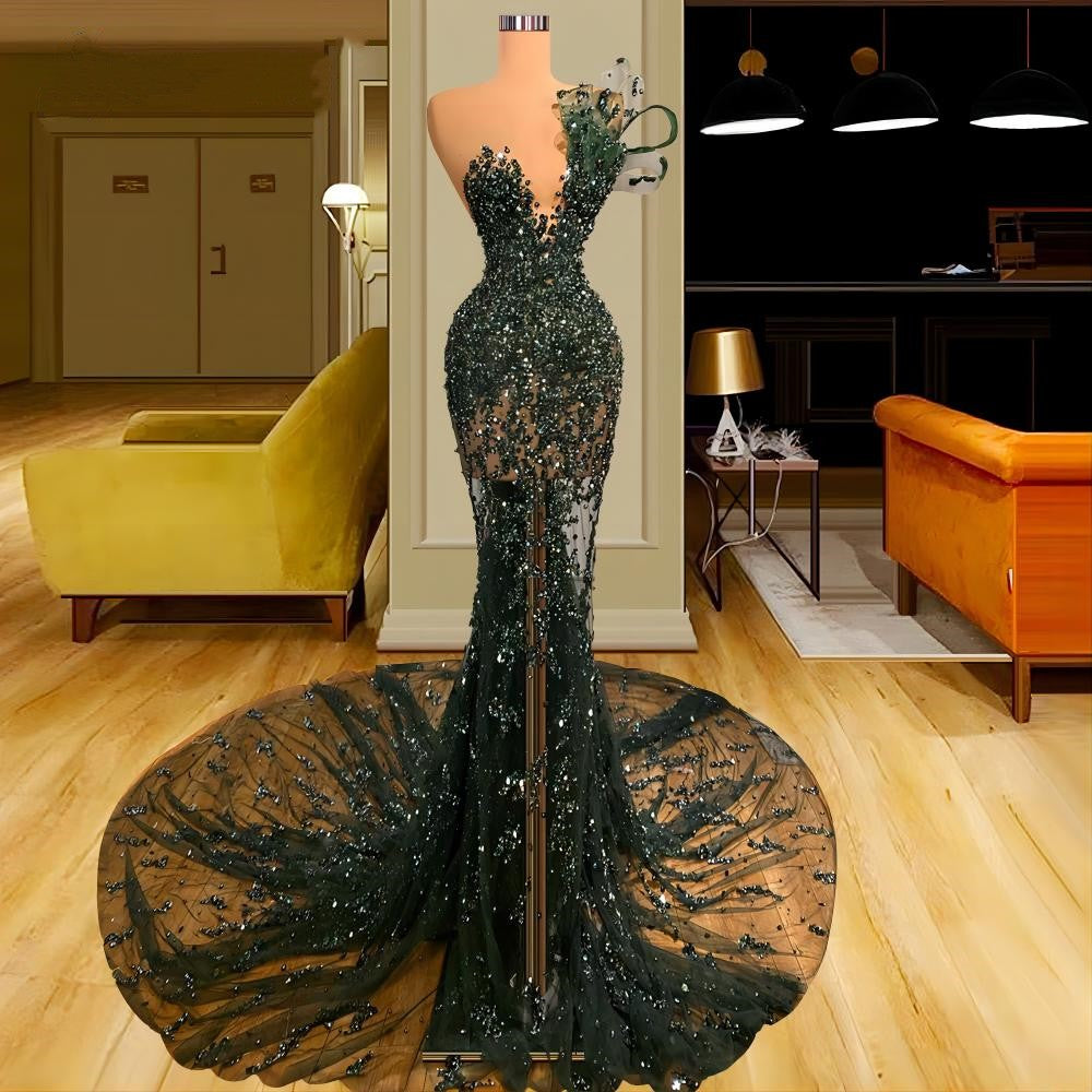 Luxury See Through Beaded Prom Dresses, Bodycon Sexy Prom Evening Dress