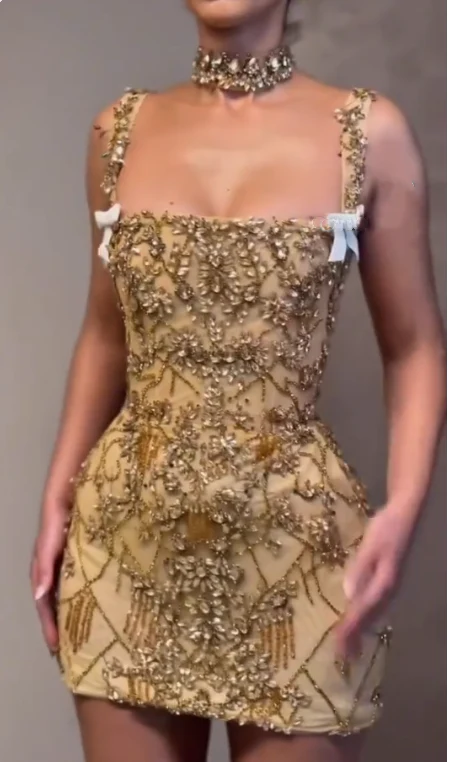 Luxury Sheath Square Neck Gold Short Prom Grade Homecoming Dress Gold Cocktail Dresses