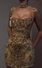 Luxury Sheath Square Neck Gold Short Prom Grade Homecoming Dress Gold Cocktail Dresses
