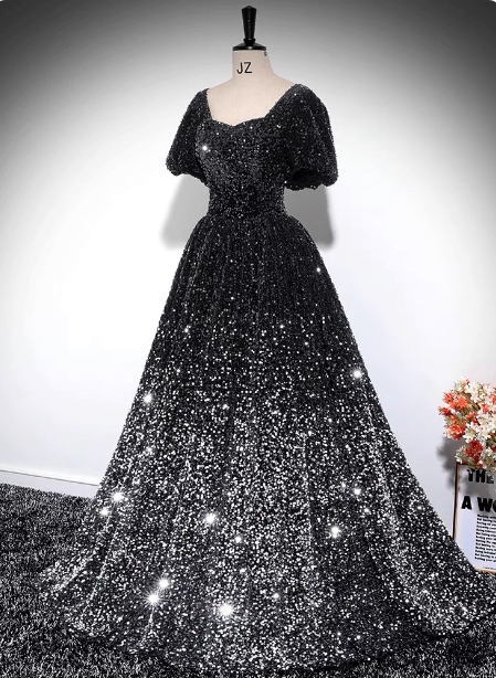 Luxury Shiny Black-Silver Gradient A-Line Short Sleeve Sequin Long Formal Prom Dress
