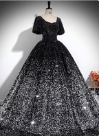 Luxury Shiny Black-Silver Gradient A-Line Short Sleeve Sequin Long Formal Prom Dress