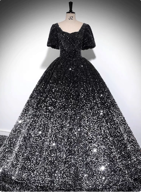 Luxury Shiny Black-Silver Gradient A-Line Short Sleeve Sequin Long Formal Prom Dress Main image
