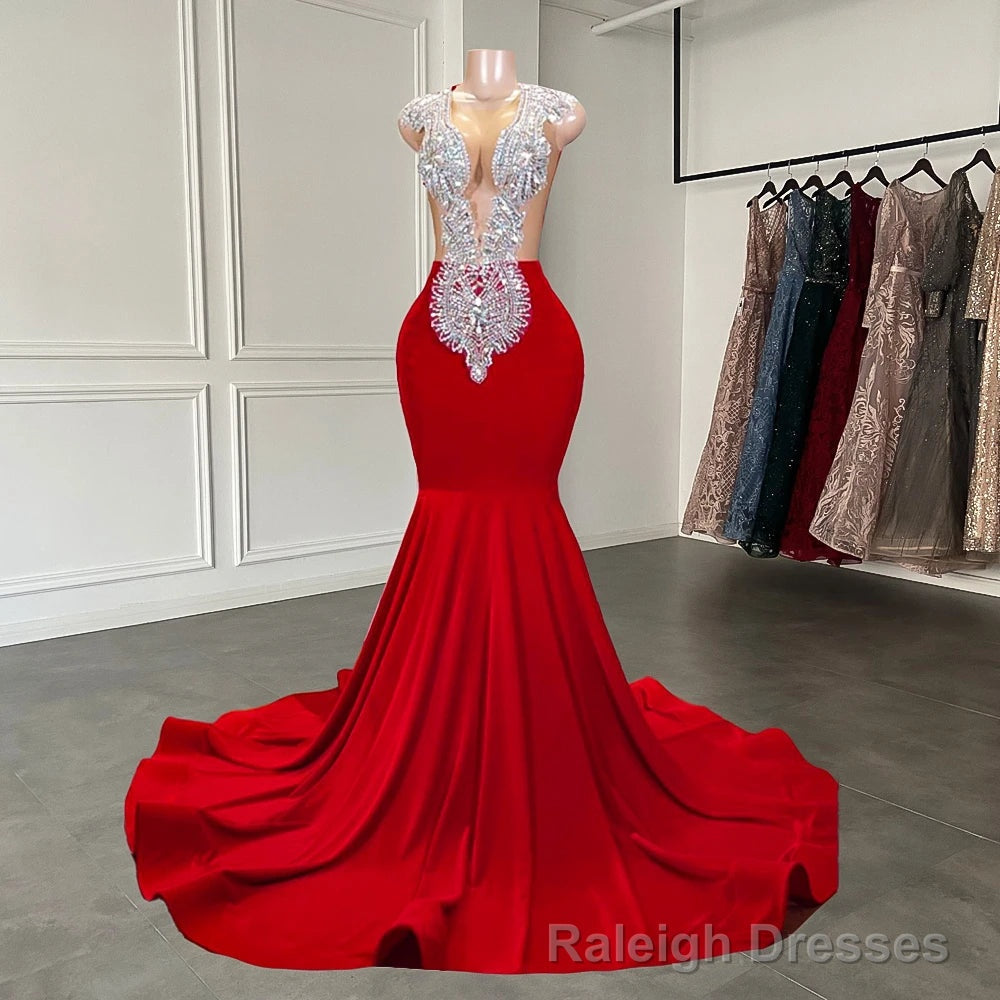 Luxury Sparkly Silver Handmade Diamond Red Spandex Black Girl Mermaid Long Prom Dresses Main image