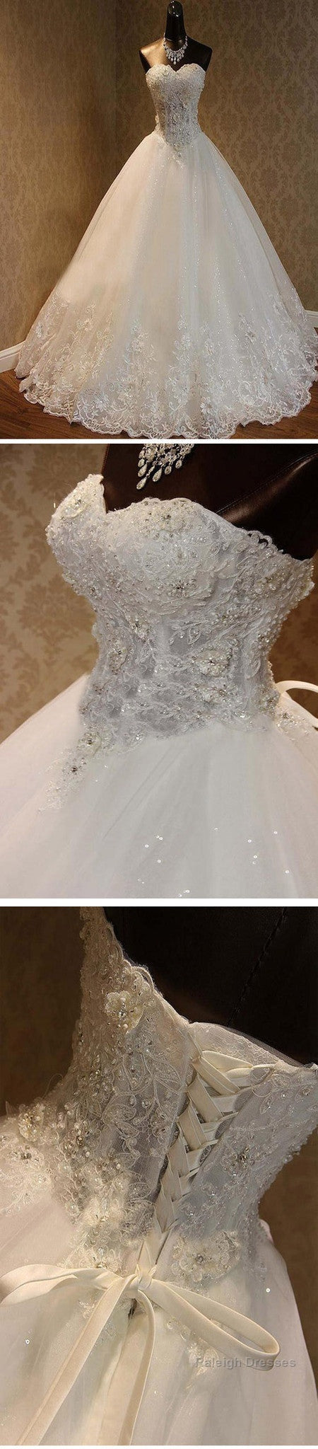 Luxury Sweetheart Rhinestone Beaded White Lace Wedding Dresses, Tulle Bridal Gown,