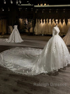 Luxury V-Neck Half Sleeves Tulle Applique With Beading Cathedral Train Ball Gown Wedding Dress