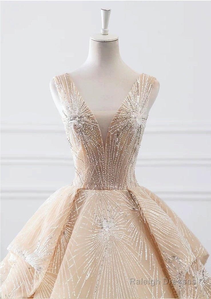 Luxury Wedding Dress Sequin V Neck Ball Gown
