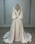 Luxury Wedding Dress Ivory Satin Lace A-Line Bridal Gown