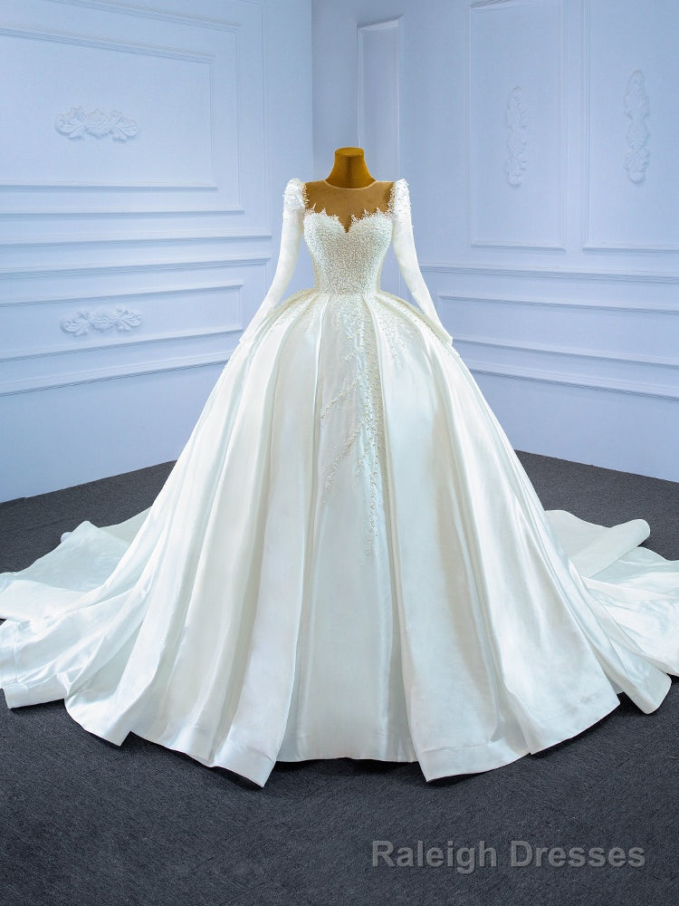 Luxury White Satin Long Sleeve Pearls Wedding Dress