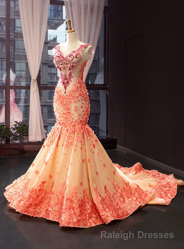 Luxury Yellow Mermaid Satin Orange Flower V-neck Beading Prom Dress Main image