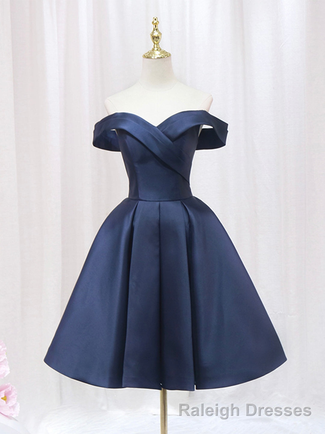 Blue V-neckline Satin Off Shoulder Party Dress, A-Line Blue Short Evening Prom Dress Main image