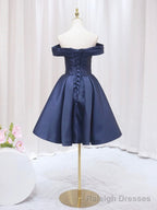 Blue V-neckline Satin Off Shoulder Party Dress, A-Line Blue Short Evening Prom Dress