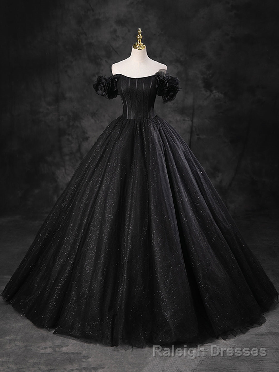Black Sparkly Tulle Off the Shoulder Long Formal Dress, Elegant A-Line Black Evening Party Dress