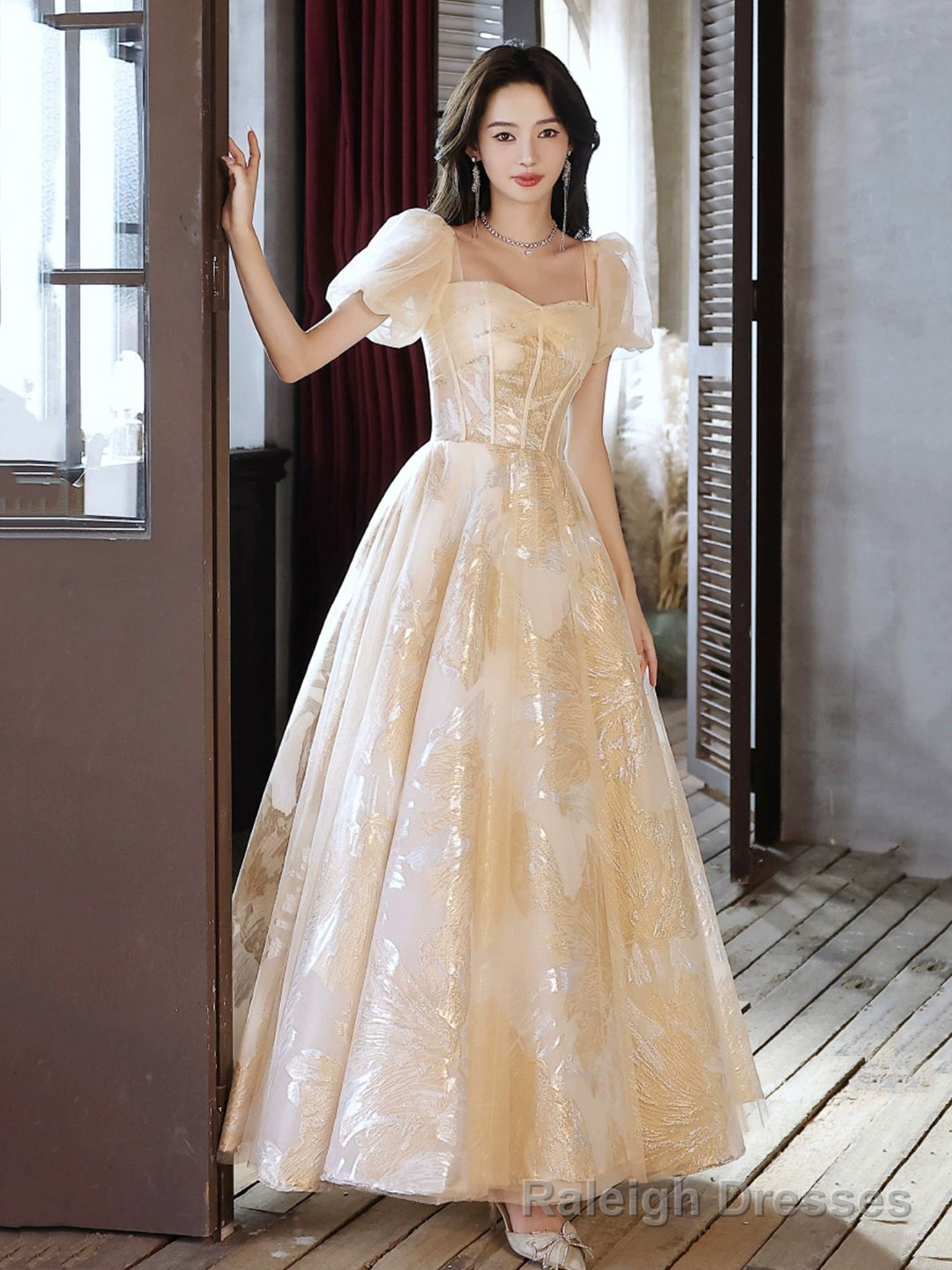 Champagne Tulle Floor Length Prom Dress, Cute Short Sleeve Prom Dress Main image