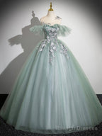 Cute Tulle Lace Long Prom Dress, A Line Scoop Neckline Off Shoulder Prom Prom Dress