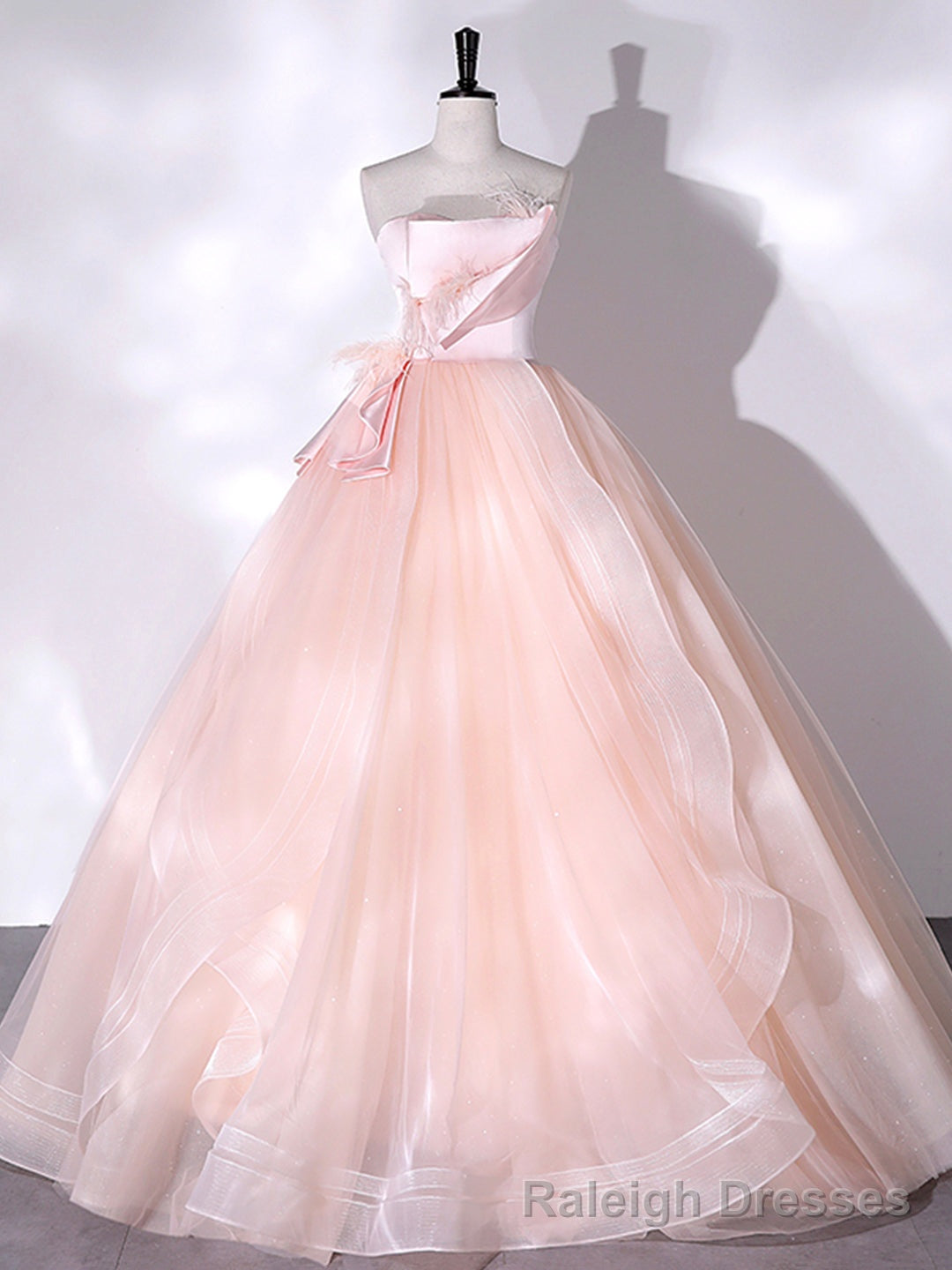 Pink Strapless Tulle Long Formal Dress, Pink A-line Prom Dress with Feathers Main image