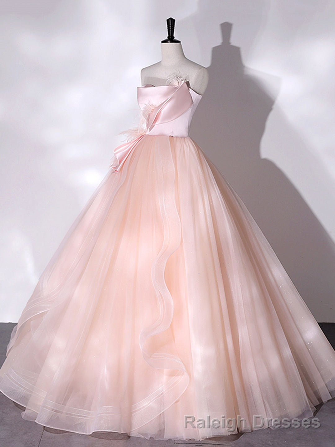 Pink Strapless Tulle Long Formal Dress, Pink A-line Prom Dress with Feathers Secondary image