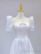 White Satin Short Sleeve Floor Length Prom Dress, White A Line Prom Dress