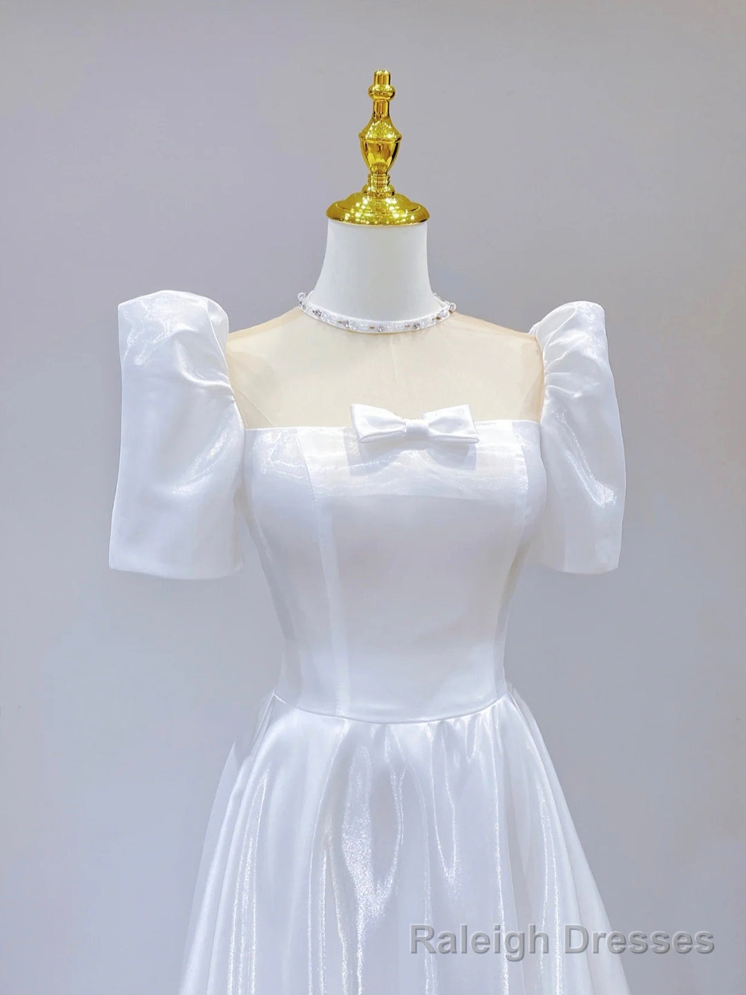 White Satin Short Sleeve Floor Length Prom Dress, White A Line Prom Dress