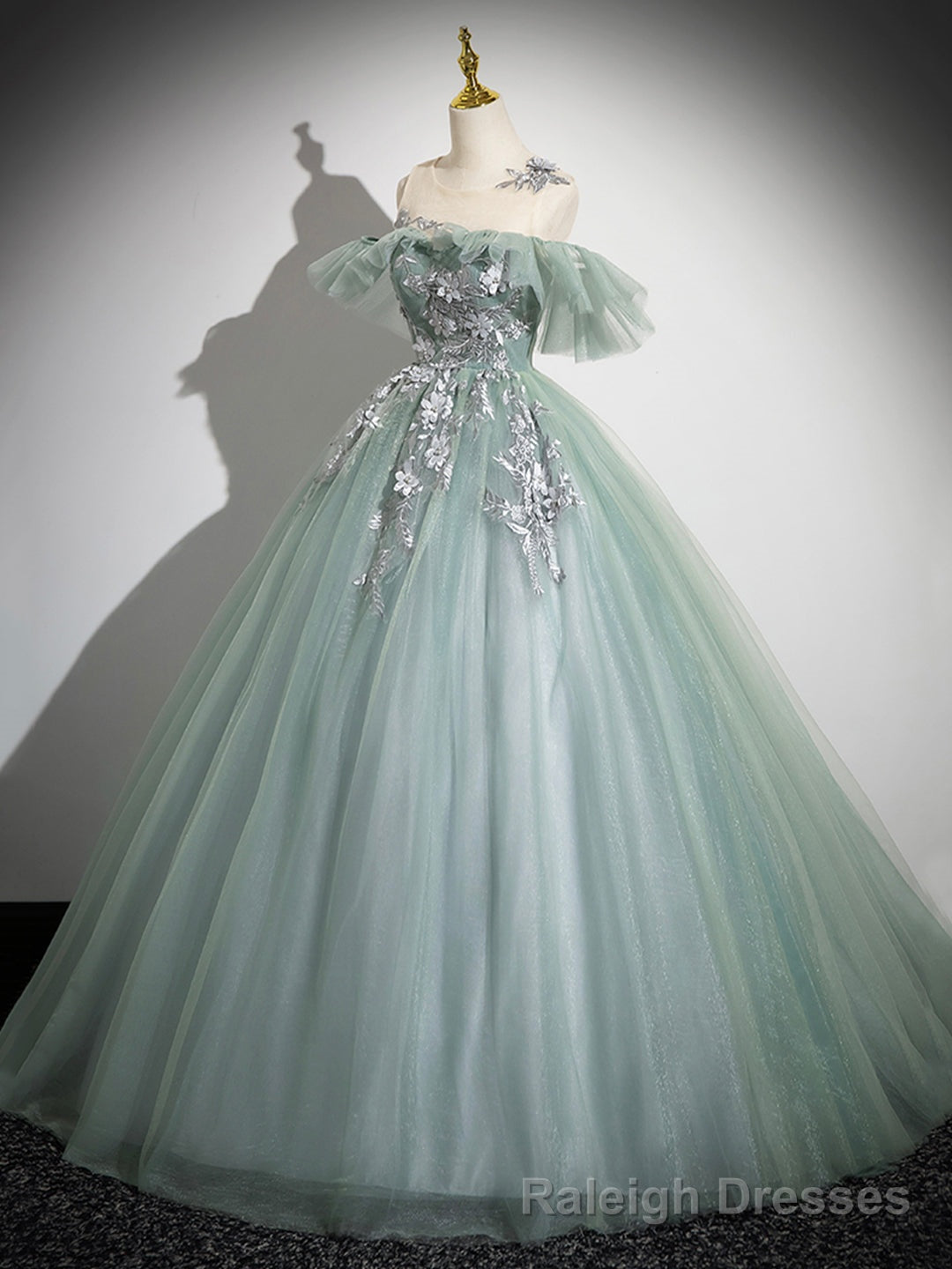 Cute Tulle Lace Long Prom Dress, A-Line Scoop Neckline Off Shoulder Evening Party Dress Main image