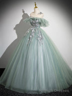 Cute Tulle Lace Long Prom Dress, A-Line Scoop Neckline Off Shoulder Evening Party Dress