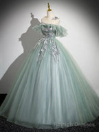 Cute Tulle Lace Long Prom Dress, A Line Scoop Neckline Off Shoulder Prom Prom Dress