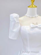 White Satin Short Sleeve Floor Length Prom Dress, White A-Line Party Dress