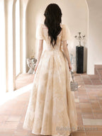 Champagne Tulle Floor Length Prom Dress, Cute Short Sleeve Prom Dress