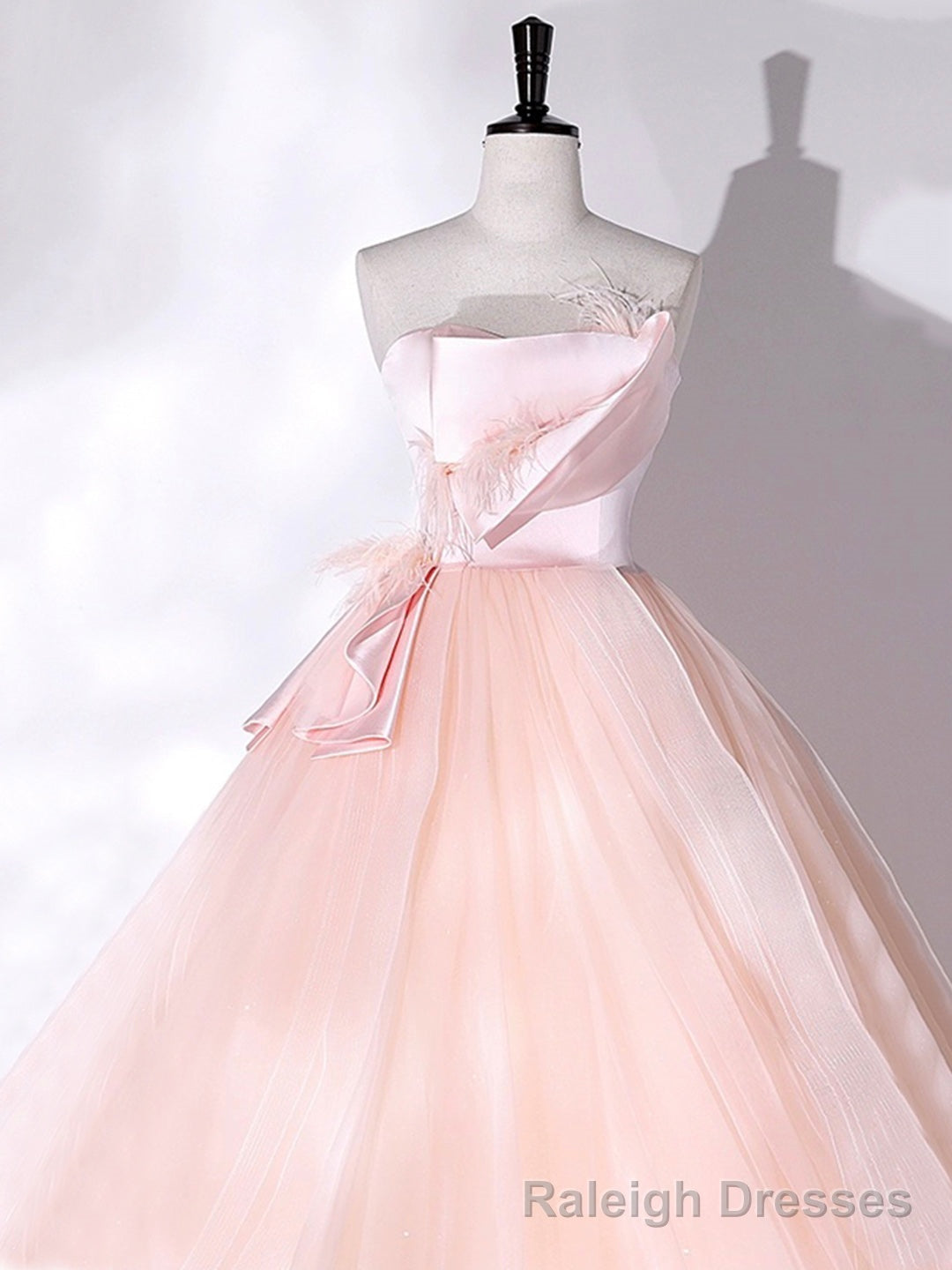 Pink Strapless Tulle Long Formal Dress, Pink A-line Prom Dress with Feathers
