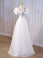 Elegant White Tulle Appliques Long Prom Dress, White High Neck A-Line Evening Dress