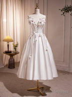 White Spaghetti Strap Satin Short Prom Dress, White V Neck Prom Prom Dress