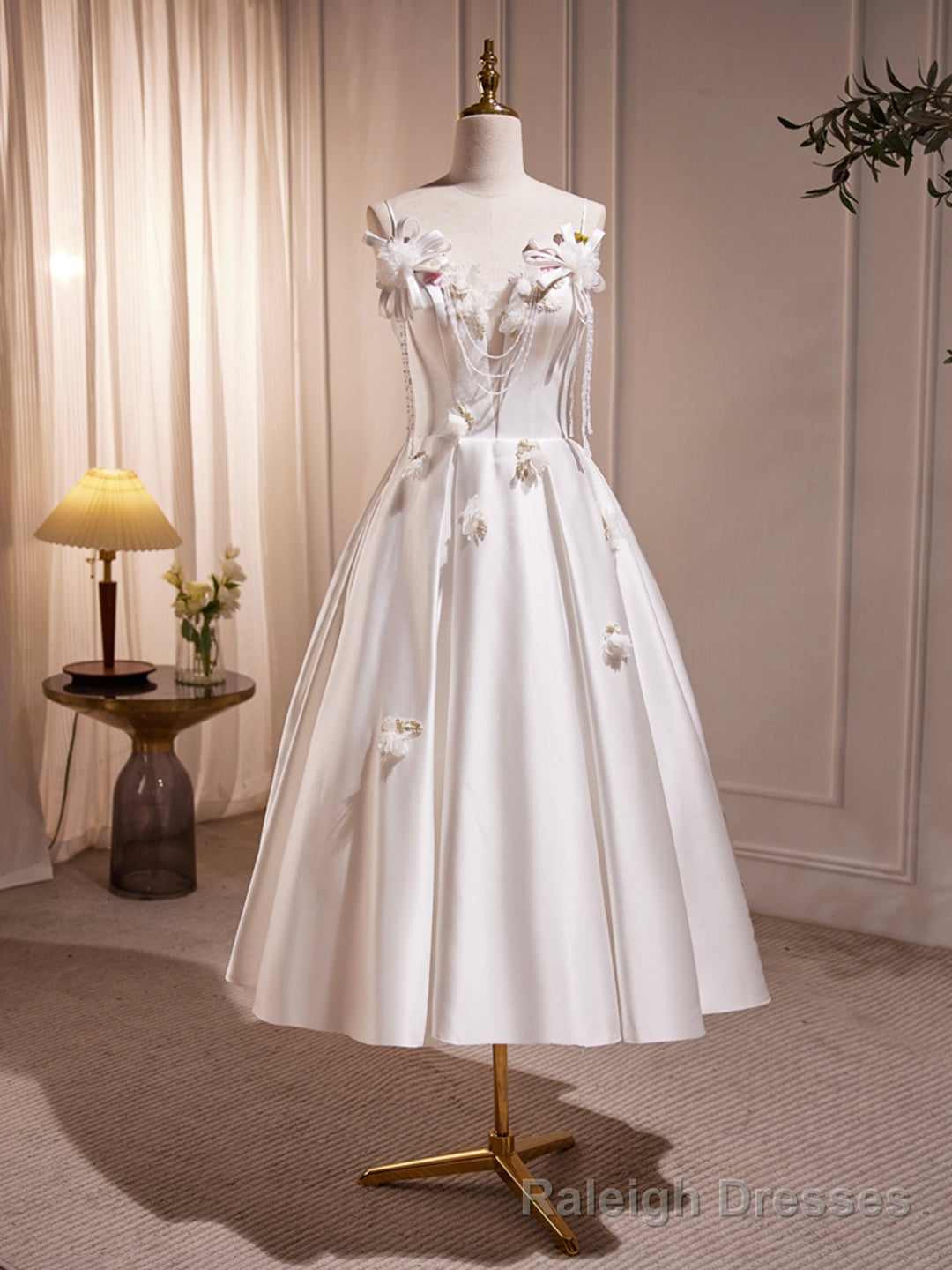 White Spaghetti Strap Satin Short Prom Dress, White V Neck Prom Prom Dress