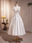 White Spaghetti Strap Satin Short Prom Dress, White V Neck Prom Prom Dress