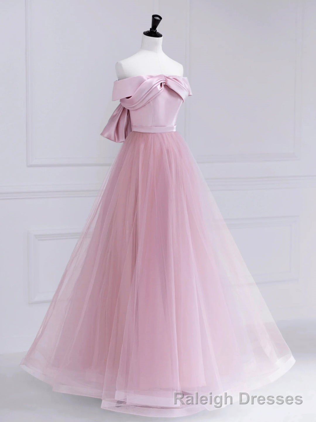 Pink Satin Tulle Long Prom Dress, Pink Off Shoulder Evening Dress Main image