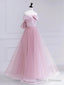 Pink Satin Tulle Long Prom Dress, Pink Off Shoulder Evening Dress