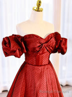 Burgundy Satin Polka Dot Tulle Prom Dress, Lovely Floor Length Short Sleeve Evening Dress
