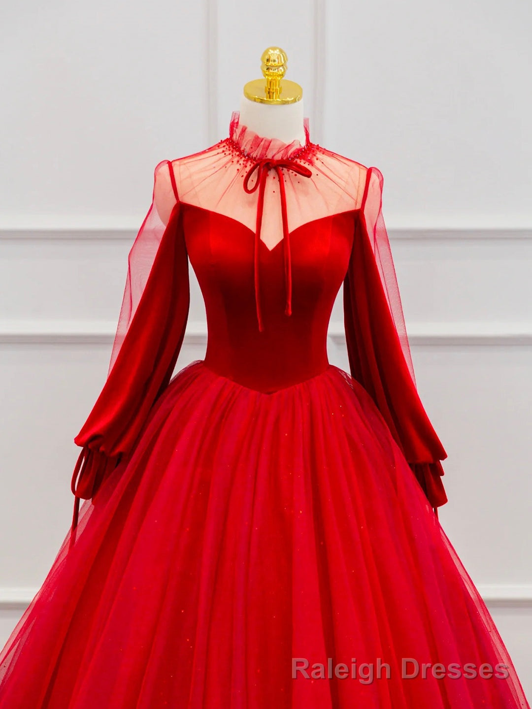 Red Velvet Tulle Floor Length Prom Dress, Beautiful Long Sleeve Evening Party Dress