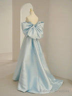 Charming Blue Satin Long Prom Dress with Big Bow, A-Line Sweetheart Neck Formal Dress