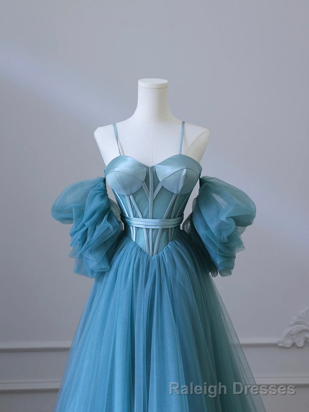 Fairy Blue Spaghetti Straps Corset Tulle Prom Dress, Detachable off Shoulder Party Dress