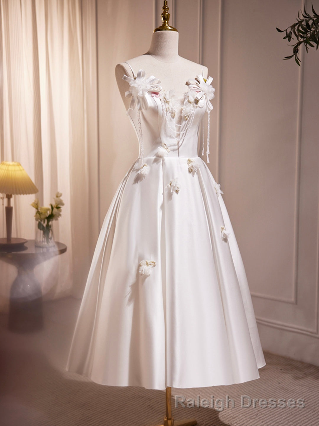 White Spaghetti Strap Satin Short Prom Dress, White V Neck Prom Prom Dress Secondary image