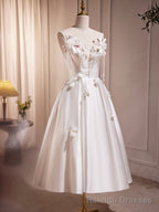 White Spaghetti Strap Satin Short Prom Dress, White V Neck Prom Prom Dress