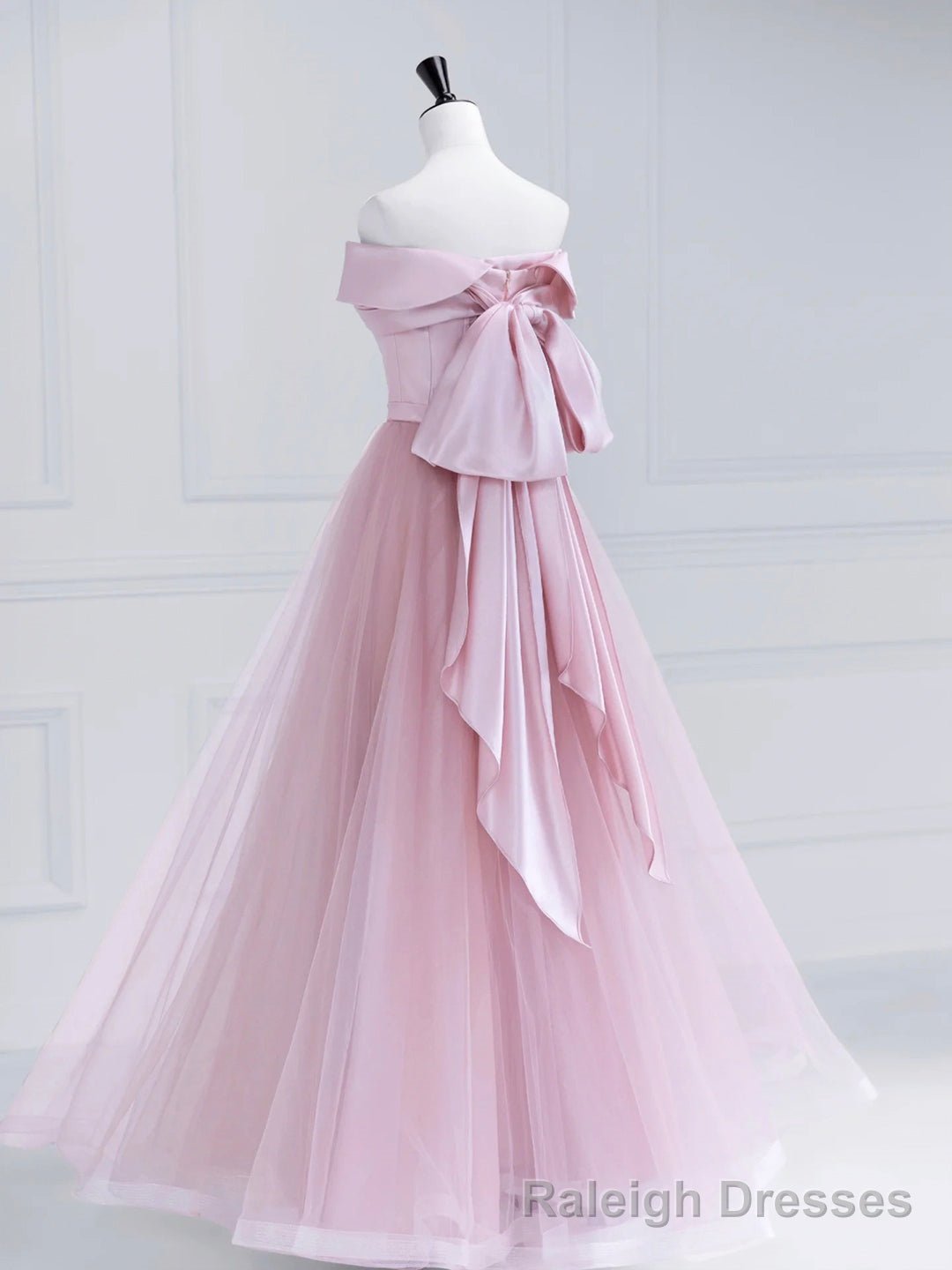 Pink Satin Tulle Long Prom Dress, Pink Off Shoulder Evening Dress Secondary image