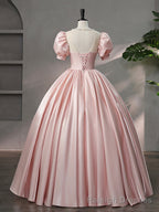 Beautiful Pink Scoop Neck Satin Floor Length Prom Dress, A Line Short Sleeve Prom Dress with Bow