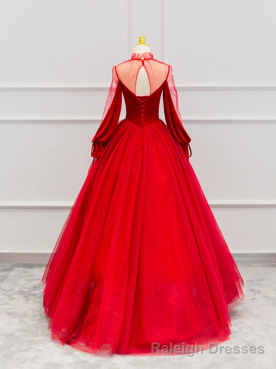 Red Velvet Tulle Floor Length Prom Dress, Beautiful Long Sleeve Evening Party Dress Main image