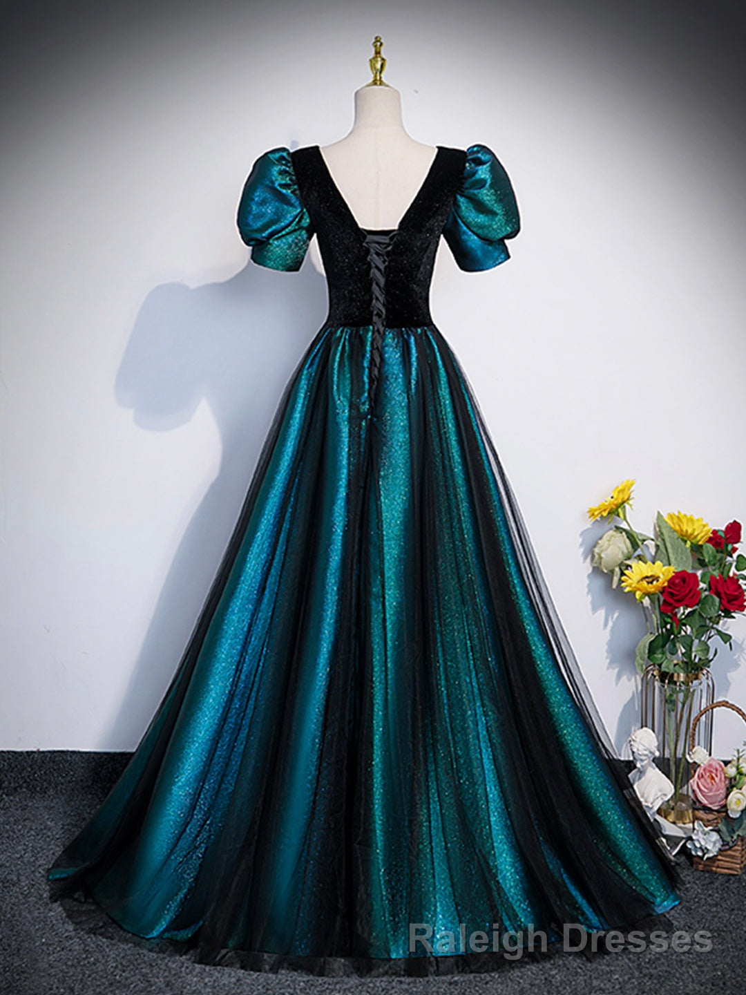 Unique Black Velvet and Tulle Long Prom Dress, A Line Short Sleeve Prom Prom Dress